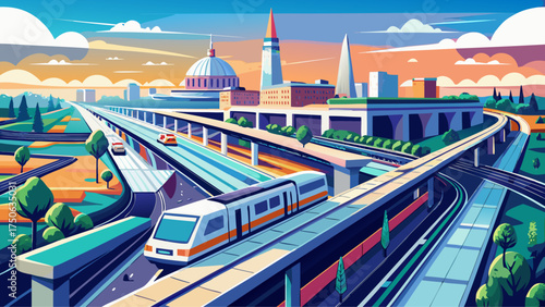 Very beautiful Washington, D.C. suburban subway station and highway, vector-style drone view with modern lines and urban silence.