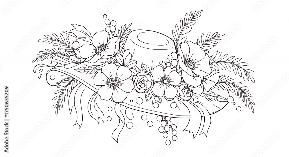Fototapeta premium Floral hat illustration in detailed black and white line art with decorative elements
