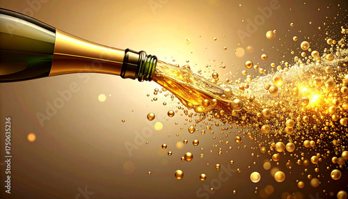 A stylized upside-down champagne bottle pours glowing abstract gold bubbles into a blank, clear area below.
