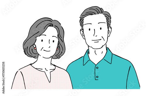 笑顔で寄り添う中高年（シニア）夫婦の線画イラスト,安心,老後,健康