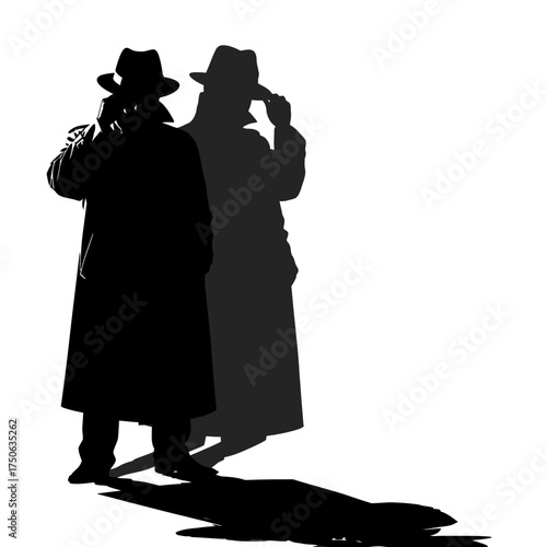 Intriguing silhouette of a mysterious man in a fedora and trench coat, perfect for crime noir, mystery thriller, or espionage storytelling visuals