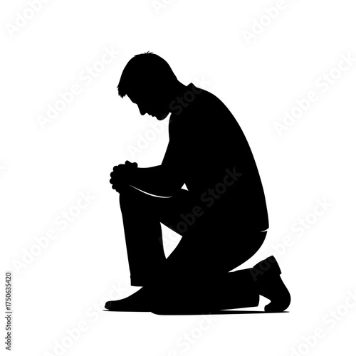 Silhouette of a man kneeling in contemplation, conveying grief, stress, or a moment of prayer and reflection, suitable for themes of hope and resilience