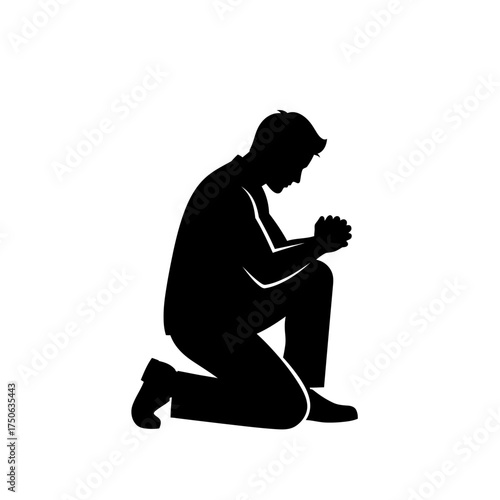 Man kneeling in prayer seeking guidance and strength - Powerful silhouette depicting faith, hope, and spirituality in challenging times