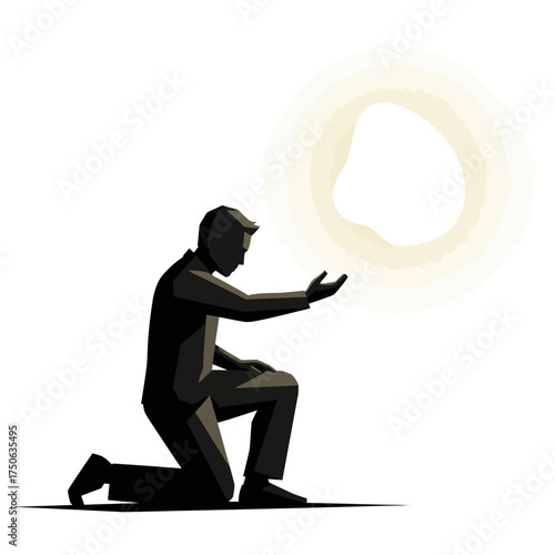 Man kneeling in shadow reaches for glowing orb, symbolizing hope, inspiration, or aspiration in business and life, with conceptual and spiritual themes