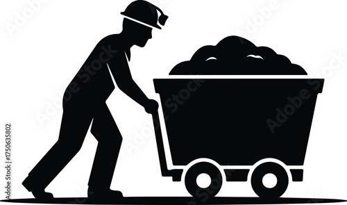 Vector silhouette coal miner pushing cart illustration