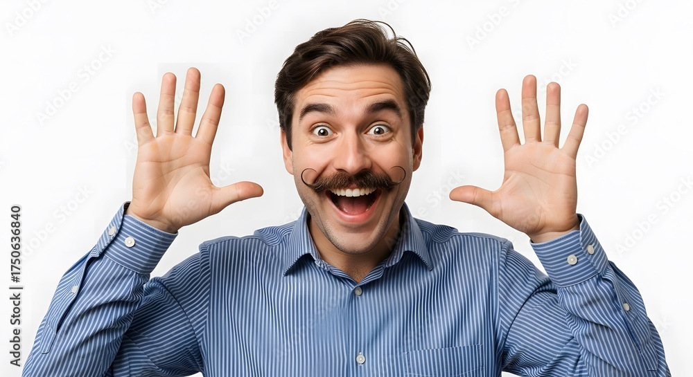 Fototapeta premium Enthusiastic man with a stylish mustache expresses sheer joy and surprise, raising his hands in an energetic gesture of excitement against a clean background, conveying happiness and positive emotion