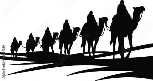Vector silhouette of a camel caravan traveling across desert illustration