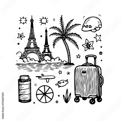 Hand drawn Parisian vacation illustration with Eiffel towers and summer holiday icons offering