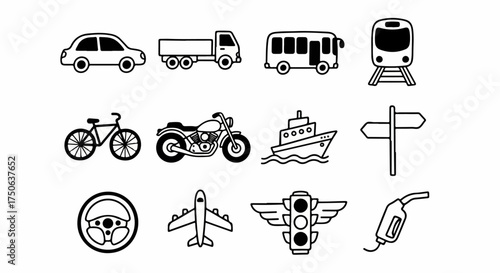 Collection of diverse transportation and travel icons, including vehicles, road signs, and accessories in a minimalist doodle style.