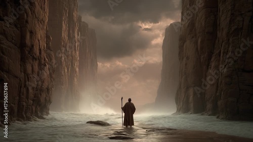 Moses, the prophet, walks through the Red Sea. His staff brings a miracle. The ocean becomes a parted sea. Waves tower like a wall of water. This is the biblical moment of divine power.