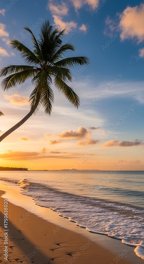Fototapeta premium Tropical Beach Sunset - Palm Tree Silhouette at Dusk.