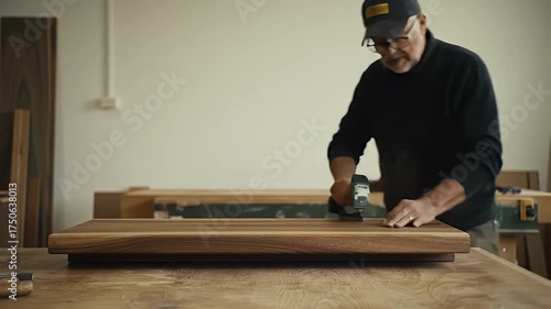 Craftsman Sanding Wooden Board in Workshop with Power Tool
