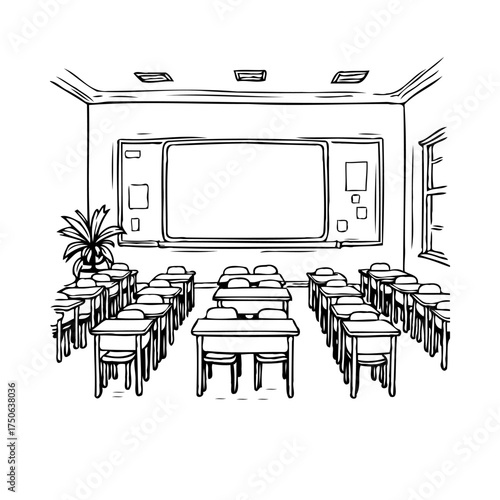 Hand-drawn empty classroom illustration features school desks, chairs, blackboard, window, and