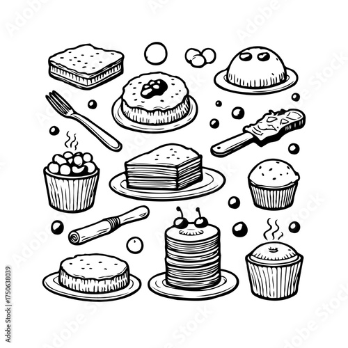 Hand-drawn dessert variety delights offering charming sweetness in artistic lines and simple