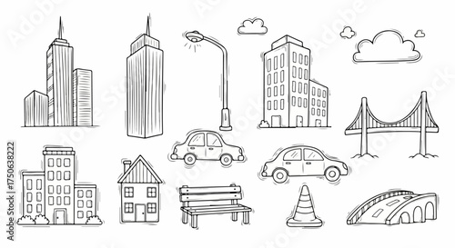 Collection of hand-drawn urban and city infrastructure elements, featuring buildings, vehicles, bridges, and street furniture in a whimsical doodle style.