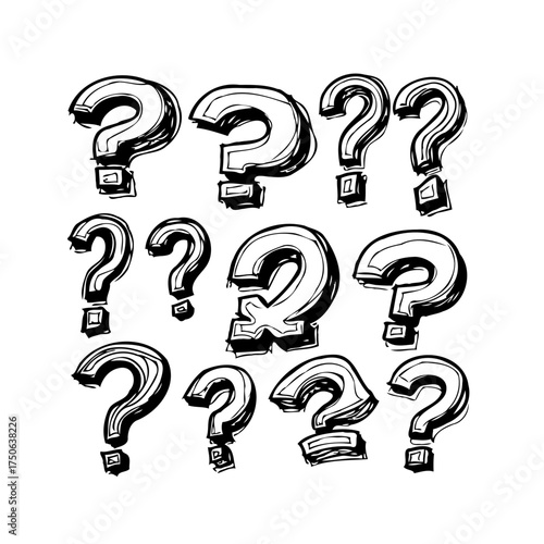 Hand-drawn question mark sketches scattered on white surface symbolizes pondering concepts and