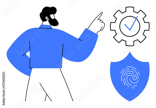 Man pointing at gear with checkmark and shield with fingerprint. Ideal for security technology, authentication, system settings, digital identity, software development, trust, simple flat metaphor