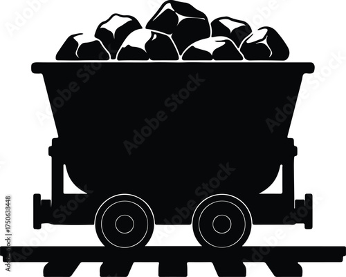 Vector silhouette of mine cart with coal on rail illustration