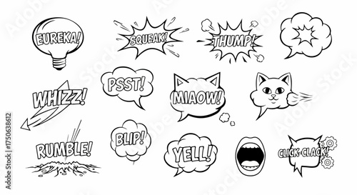 Black and white comic book style sound effects and speech bubbles collection, featuring Eureka, Squeak, Thump, Miaow, and other onomatopoeia for dynamic communication design.