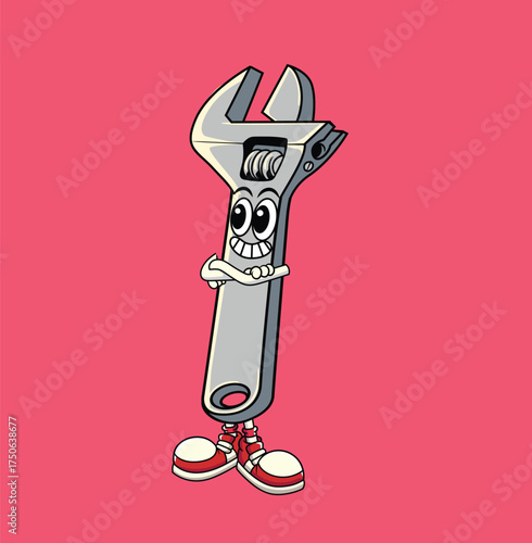cute wrench retro mascot illustration 