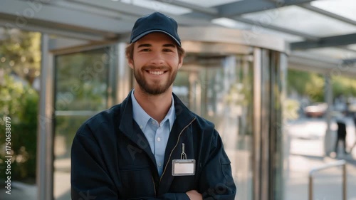 A friendly security guard assisting a customer at a supermarket entrance equipped with electronic security gates, symbolizing customer service, safety, trust, professionalism, and the balance