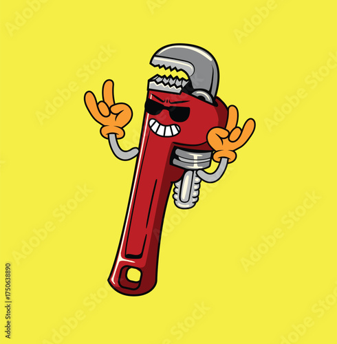 Funny wrench pipe illustration with retro mascot style