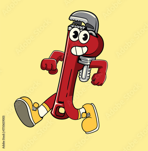 Funny wrench pipe illustration with retro mascot style