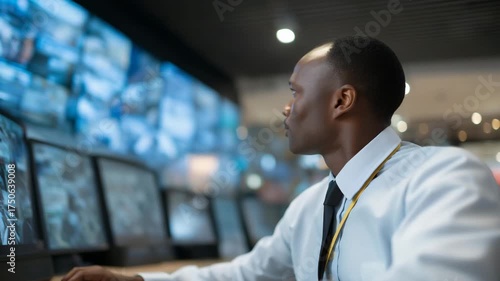 Wallpaper Mural A professional security officer monitoring multiple CCTV screens in a modern supermarket control room, symbolizing surveillance, technology, retail safety, loss prevention, and the role of modern Torontodigital.ca