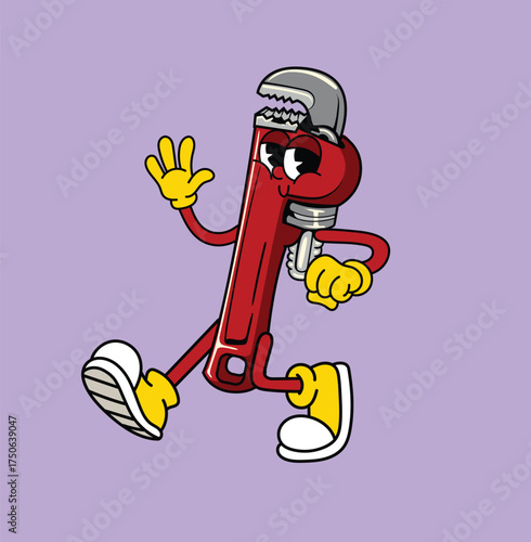 Funny wrench pipe illustration with retro mascot style