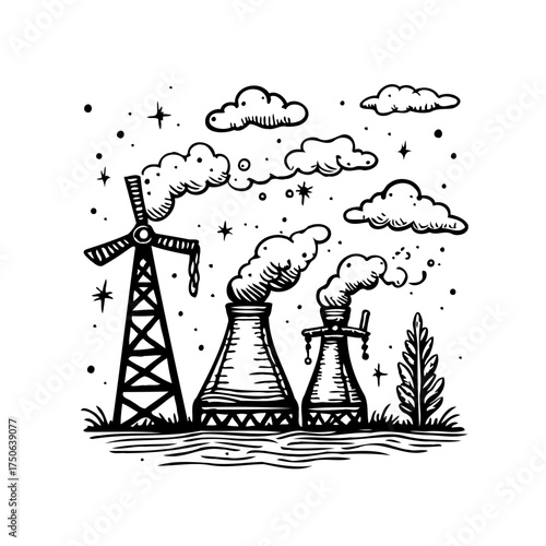 Illustration showcasing contrasting energy sources depicting renewable and industrial power with