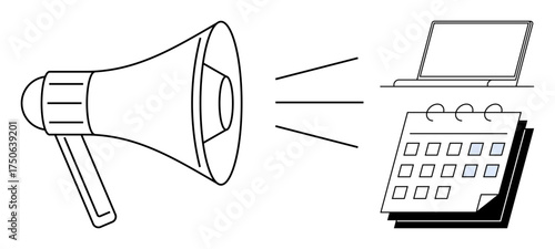 Megaphone projecting sound waves toward a laptop and a calendar, symbolizing announcements, digital communication, marketing, scheduling, business organization, event planning, and project