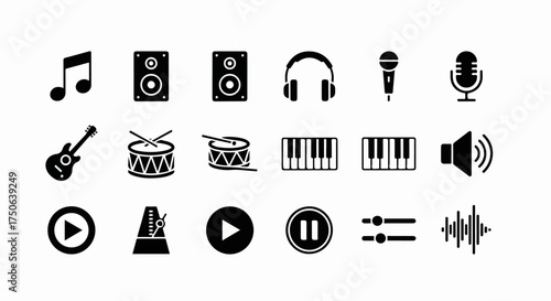 Music and Audio Icons Set: Black Vector Symbols of Musical Instruments, Sound Equipment, and Playback Controls for Digital Media.
