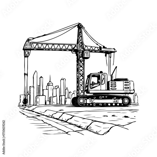 Illustrative cityscape silhouette with crane machinery against a white backdrop creating a