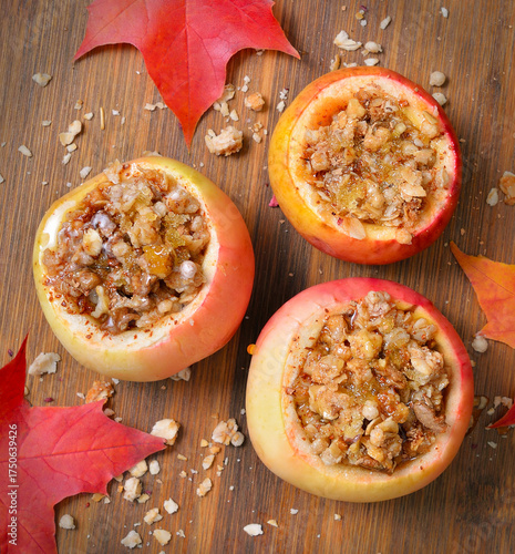 Baked apple stuffed with nut, honey and granola