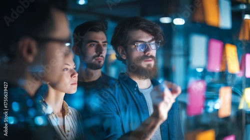 A group of young professionals collaborates in a modern office, brainstorming ideas using colorful sticky notes on a transparent board. Teamwork and innovation drive their creative process
