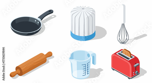 Isometric kitchen and baking tools set, featuring a frying pan, chef hat, whisk, rolling pin, measuring cup, and toaster, isolated on white.