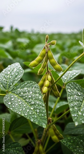 Soybean Plant with Water Droplets in Field.