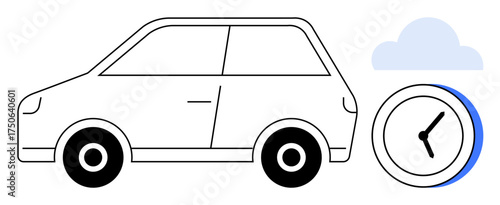 Minimalist car design beside clock and cloud emphasizing scheduling, eco-friendly travel, innovation, punctuality. Ideal for time, transportation industry, car rental, urban planning, sustainable