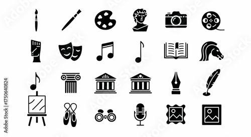 Comprehensive black glyphs representing various arts, culture, and entertainment fields, including fine arts, music, literature, theater, and photography, on white.