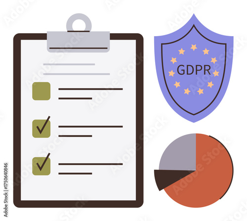 Clipboard with marked checklist, GDPR shield icon, and pie chart. Ideal for data security, privacy regulations, compliance, legal processes, audits data protection awareness. Simple flat metaphor