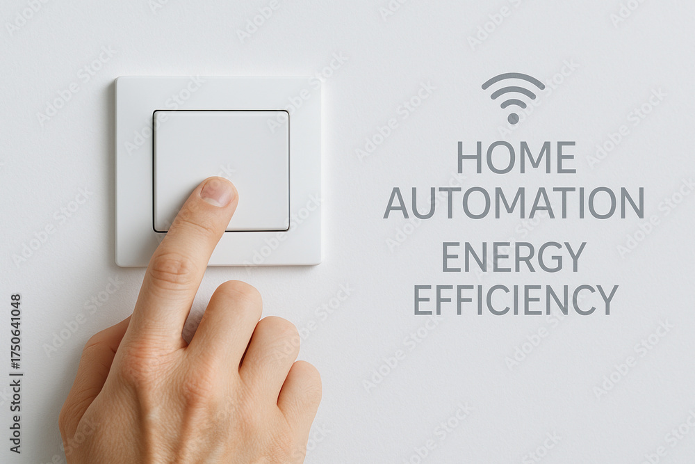 Fototapeta premium Finger pressing smart light switch symbolizing home automation and energy efficiency in modern smart homes
