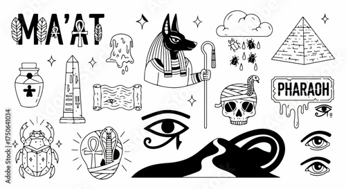 Egyptian Heritage Doodle Set featuring Anubis, Ma'at, Scarab, Pyramid, Pharaoh, Eye of Horus, and Historical Icons in Line Art.
