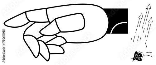 Robotic hand releasing an insect towards upward arrows, symbolizing advancement, freedom, and innovation. Ideal for themes of technology, robotics, progress, freedom, ideas solutions and metaphors