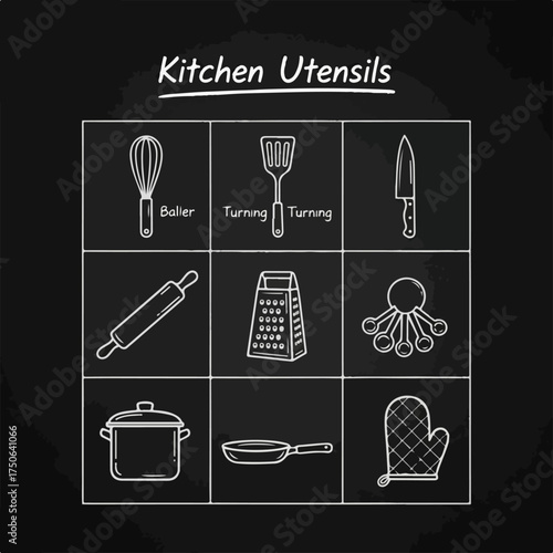 Chalkboard style kitchen utensils collection featuring essential cooking tools like whisk, spatula, knife, pot, and oven mitt for home and professional use.