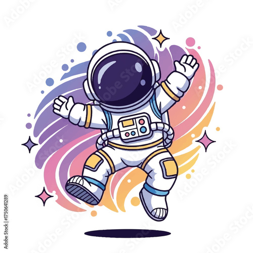 A charming illustration of an astronaut doing a jump.