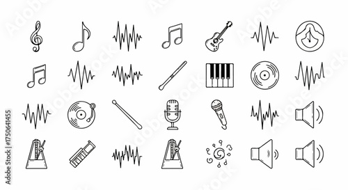 A collection of outlined music and sound icons including notes, instruments, sound waves, and audio equipment on a white background.