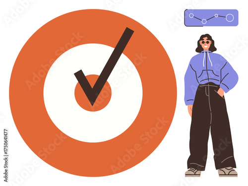Woman in casual outfit next to an orange target with a checkmark and a growth chart. Ideal for success, achievement, goals, motivation, progress, self-confidence, personal growth. Simple flat