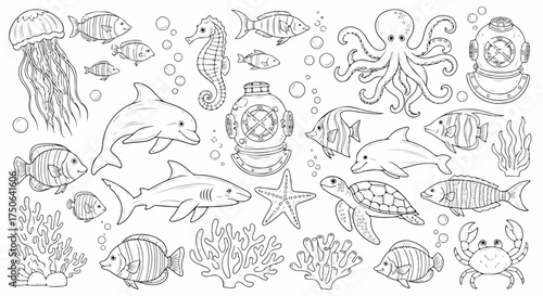 A captivating outline collection of marine life, including various fish, dolphins, sharks, jellyfish, octopus, and vintage diving helmets, perfect for a children's coloring book.