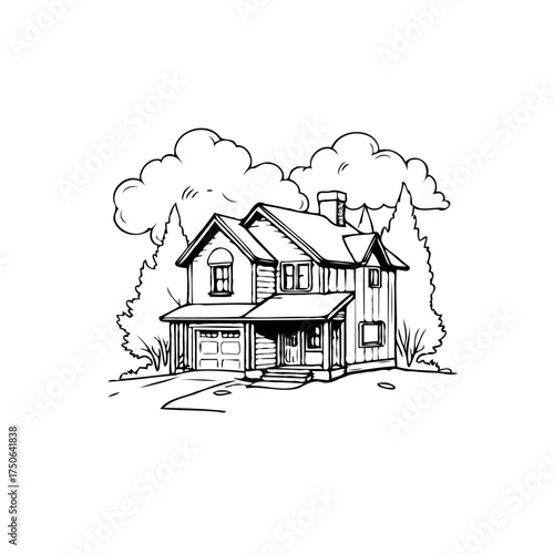Illustrative dwelling nestled among verdant trees beneath a sky full of fluffy cloud formations