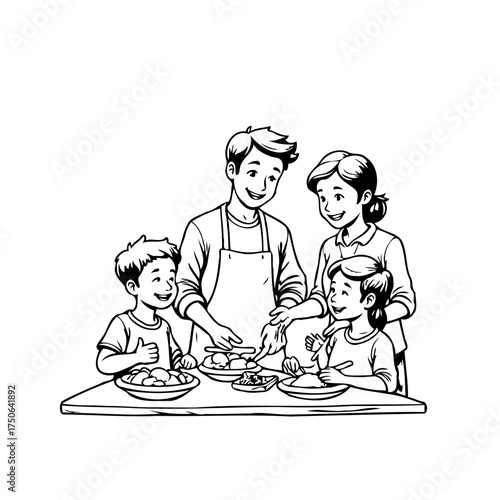 Illustrative family scene with parents and children enjoying a meal together at a table smiling